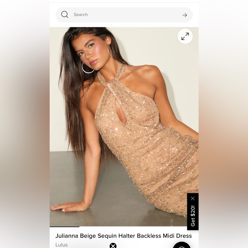 Lulu's Julianna Beige Sequin Halter Backless Midi Dress Size Large